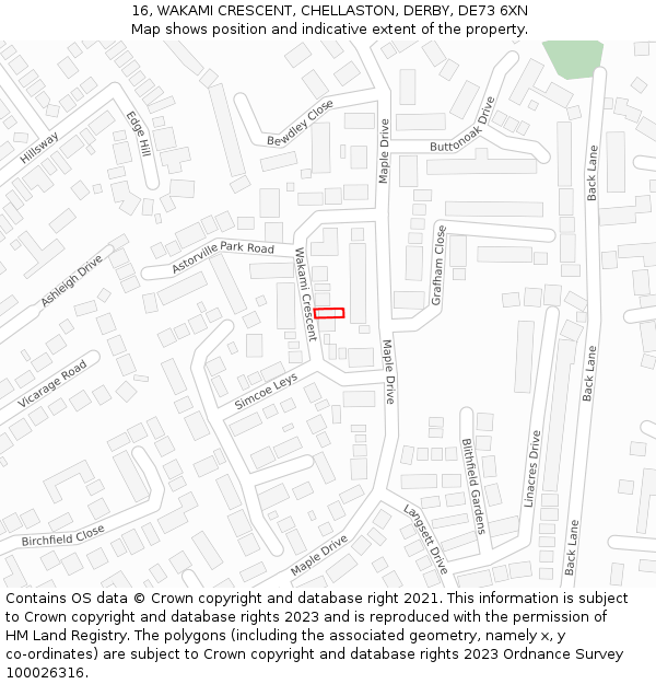 16, WAKAMI CRESCENT, CHELLASTON, DERBY, DE73 6XN: Location map and indicative extent of plot
