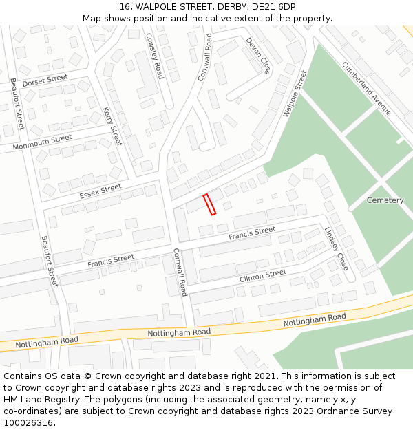 16, WALPOLE STREET, DERBY, DE21 6DP: Location map and indicative extent of plot
