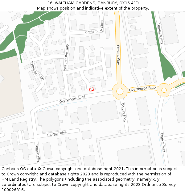 16, WALTHAM GARDENS, BANBURY, OX16 4FD: Location map and indicative extent of plot