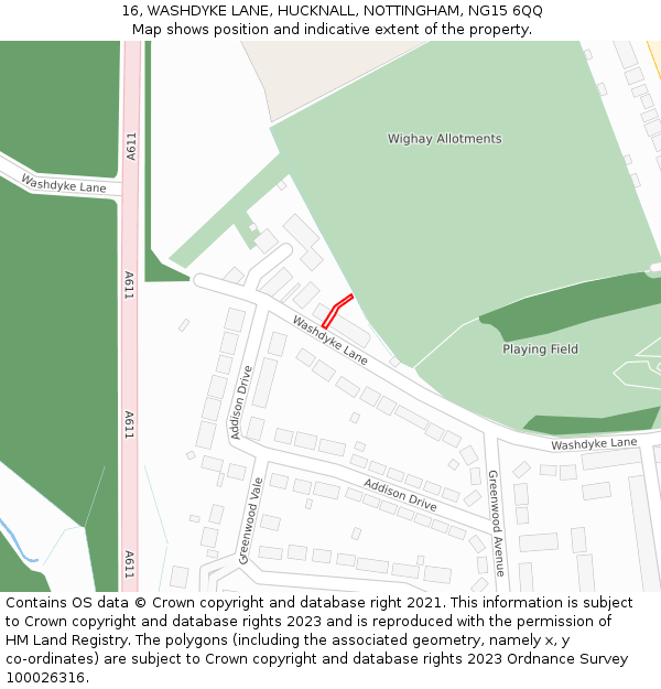 16, WASHDYKE LANE, HUCKNALL, NOTTINGHAM, NG15 6QQ: Location map and indicative extent of plot