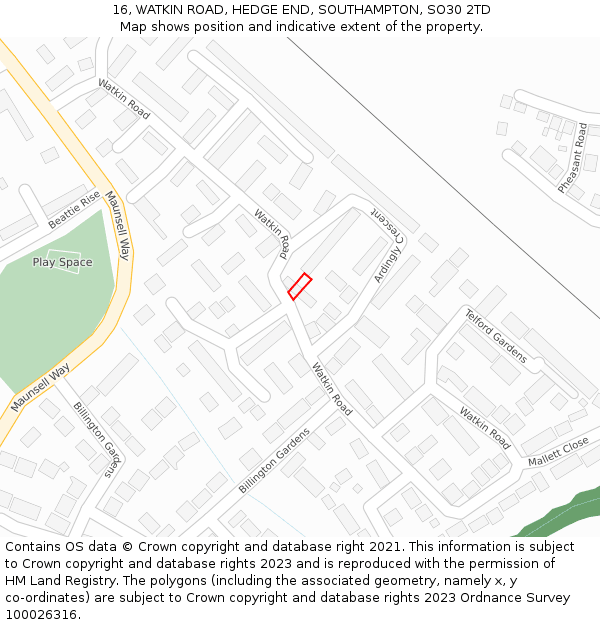 16, WATKIN ROAD, HEDGE END, SOUTHAMPTON, SO30 2TD: Location map and indicative extent of plot