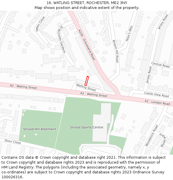 16, WATLING STREET, ROCHESTER, ME2 3NY: Location map and indicative extent of plot