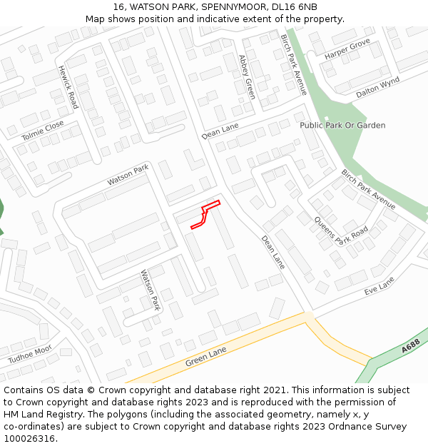 16, WATSON PARK, SPENNYMOOR, DL16 6NB: Location map and indicative extent of plot