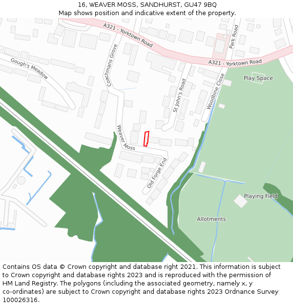 16, WEAVER MOSS, SANDHURST, GU47 9BQ: Location map and indicative extent of plot