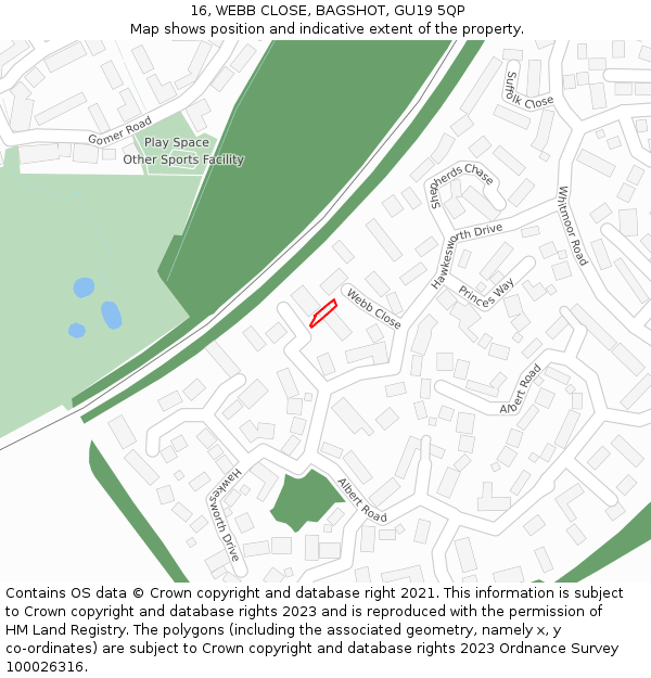 16, WEBB CLOSE, BAGSHOT, GU19 5QP: Location map and indicative extent of plot