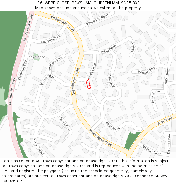 16, WEBB CLOSE, PEWSHAM, CHIPPENHAM, SN15 3XF: Location map and indicative extent of plot