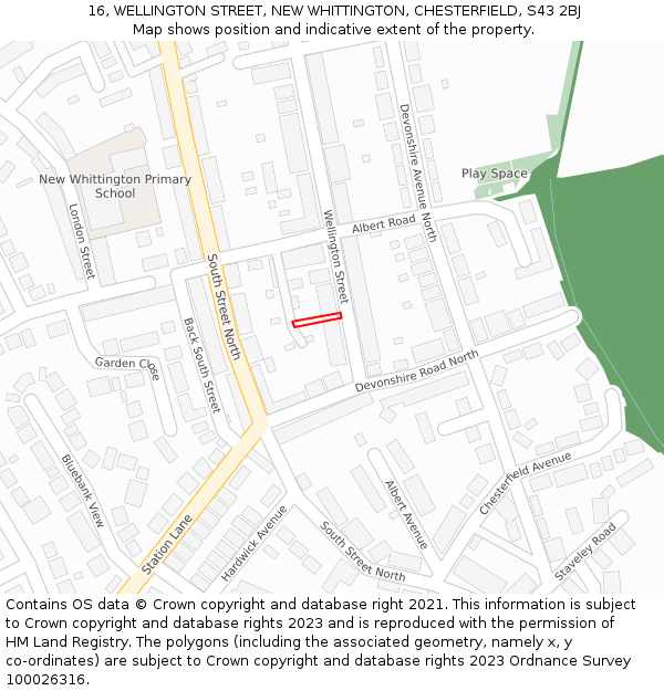 16, WELLINGTON STREET, NEW WHITTINGTON, CHESTERFIELD, S43 2BJ: Location map and indicative extent of plot