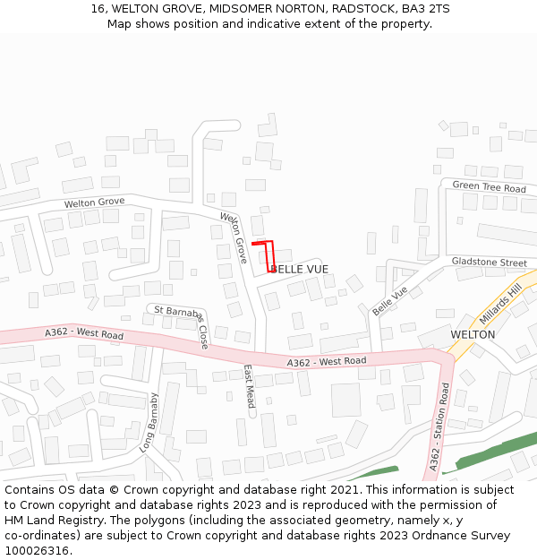 16, WELTON GROVE, MIDSOMER NORTON, RADSTOCK, BA3 2TS: Location map and indicative extent of plot
