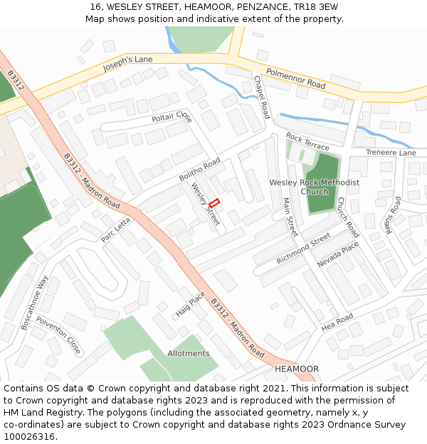 16, WESLEY STREET, HEAMOOR, PENZANCE, TR18 3EW: Location map and indicative extent of plot