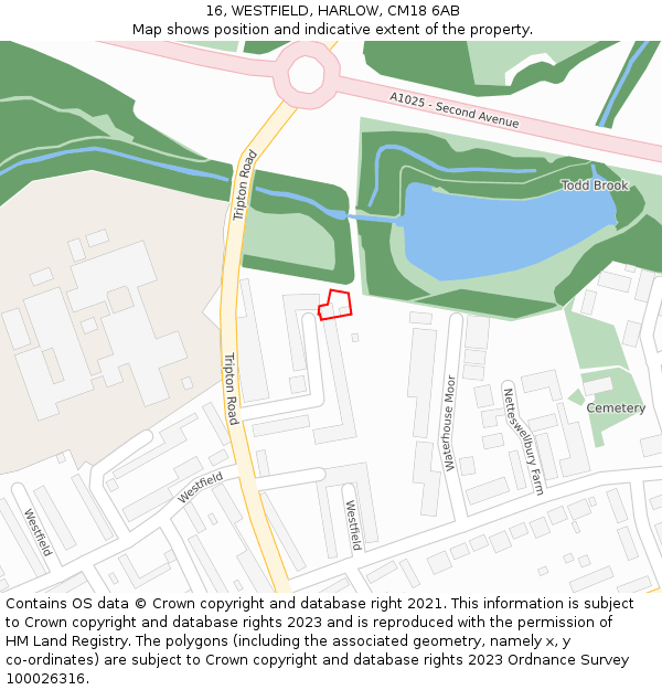 16, WESTFIELD, HARLOW, CM18 6AB: Location map and indicative extent of plot