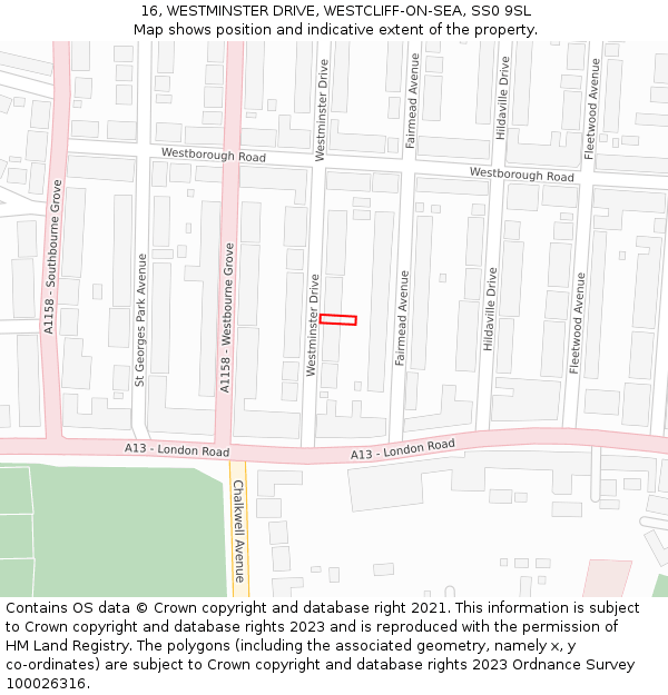 16, WESTMINSTER DRIVE, WESTCLIFF-ON-SEA, SS0 9SL: Location map and indicative extent of plot
