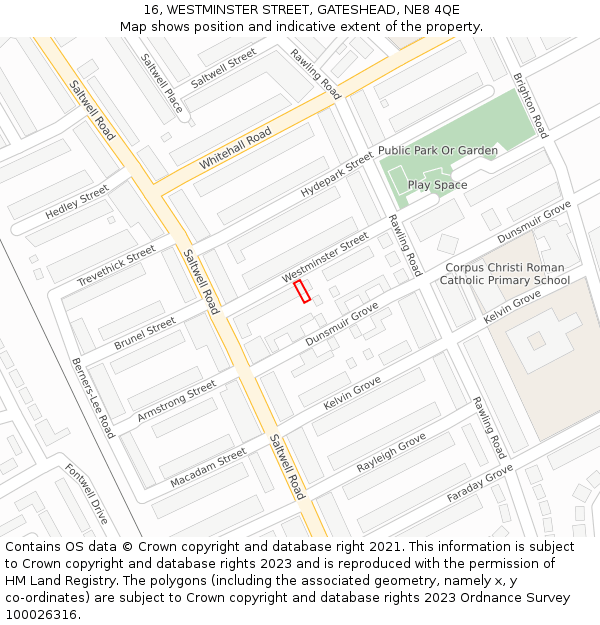 16, WESTMINSTER STREET, GATESHEAD, NE8 4QE: Location map and indicative extent of plot