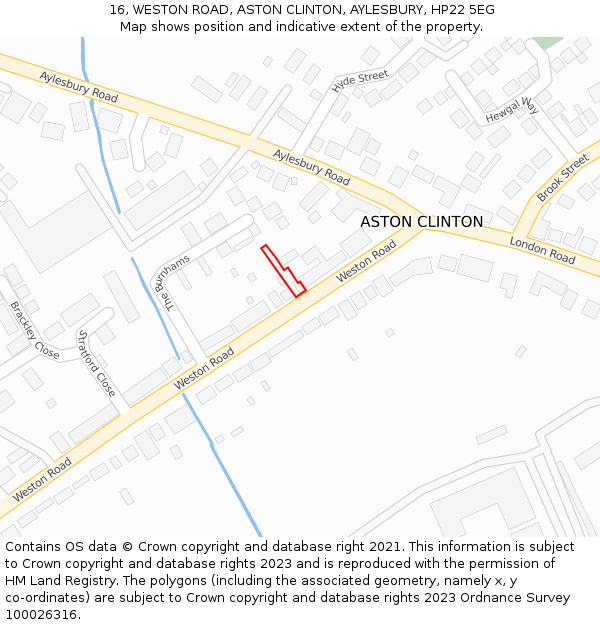 16, WESTON ROAD, ASTON CLINTON, AYLESBURY, HP22 5EG: Location map and indicative extent of plot