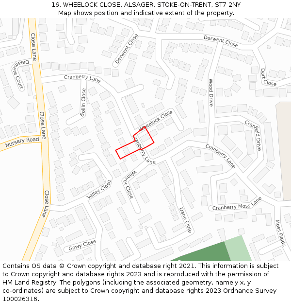 16, WHEELOCK CLOSE, ALSAGER, STOKE-ON-TRENT, ST7 2NY: Location map and indicative extent of plot