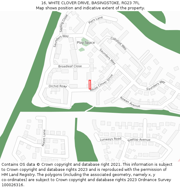 16, WHITE CLOVER DRIVE, BASINGSTOKE, RG23 7FL: Location map and indicative extent of plot