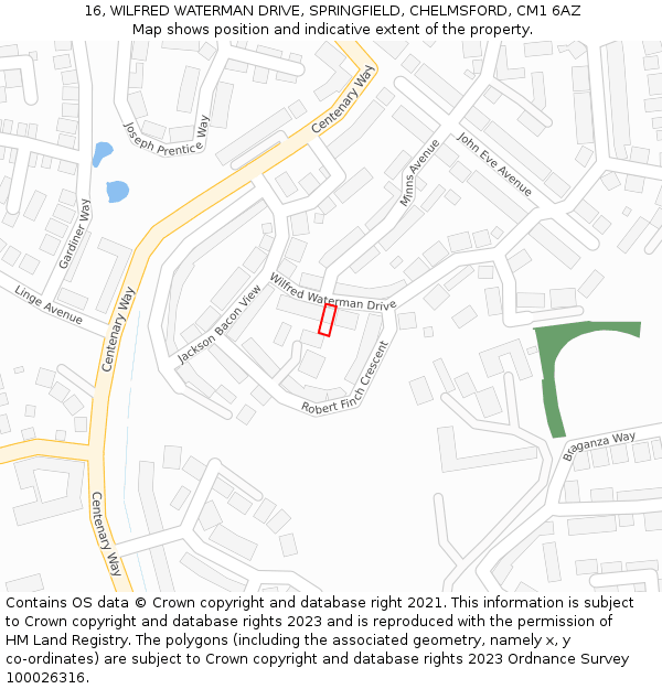 16, WILFRED WATERMAN DRIVE, SPRINGFIELD, CHELMSFORD, CM1 6AZ: Location map and indicative extent of plot