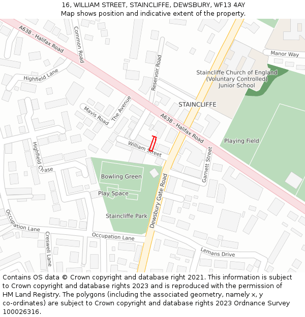 16, WILLIAM STREET, STAINCLIFFE, DEWSBURY, WF13 4AY: Location map and indicative extent of plot