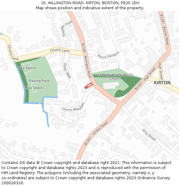 16, WILLINGTON ROAD, KIRTON, BOSTON, PE20 1EH: Location map and indicative extent of plot