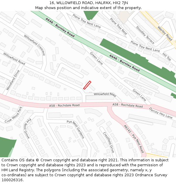 16, WILLOWFIELD ROAD, HALIFAX, HX2 7JN: Location map and indicative extent of plot
