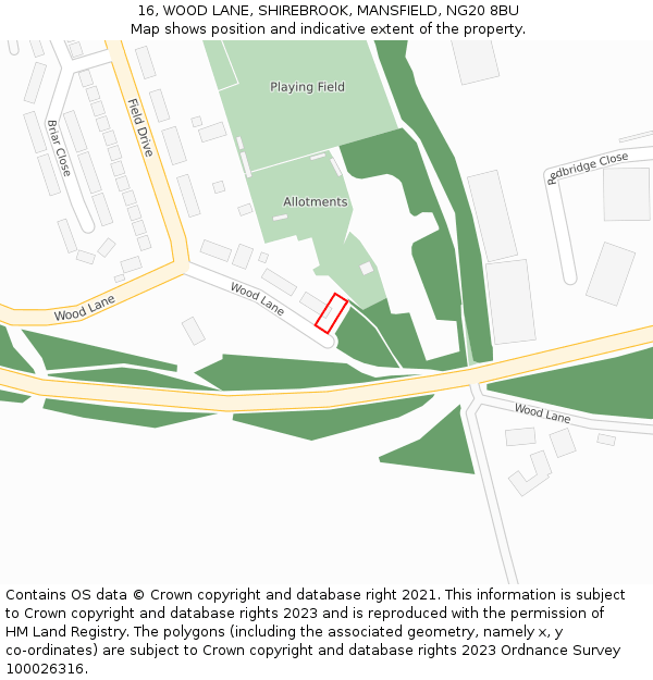 16, WOOD LANE, SHIREBROOK, MANSFIELD, NG20 8BU: Location map and indicative extent of plot