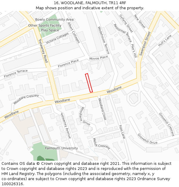 16, WOODLANE, FALMOUTH, TR11 4RF: Location map and indicative extent of plot