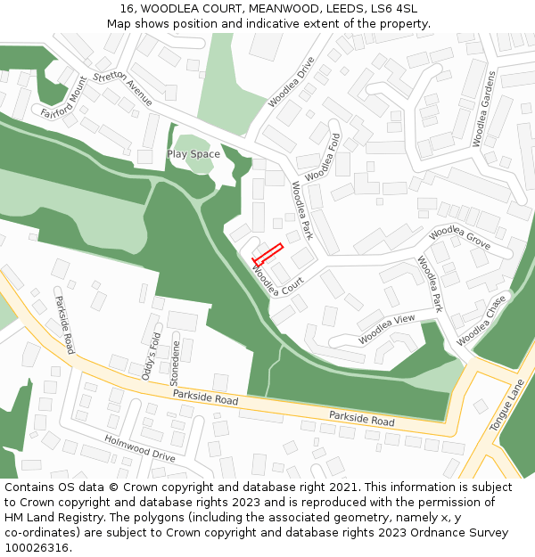 16, WOODLEA COURT, MEANWOOD, LEEDS, LS6 4SL: Location map and indicative extent of plot