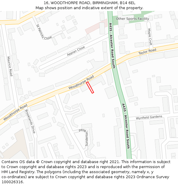 16, WOODTHORPE ROAD, BIRMINGHAM, B14 6EL: Location map and indicative extent of plot