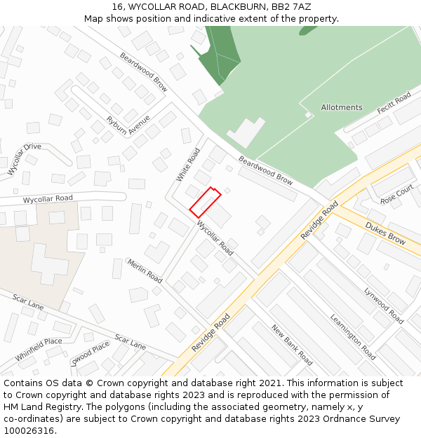 16, WYCOLLAR ROAD, BLACKBURN, BB2 7AZ: Location map and indicative extent of plot