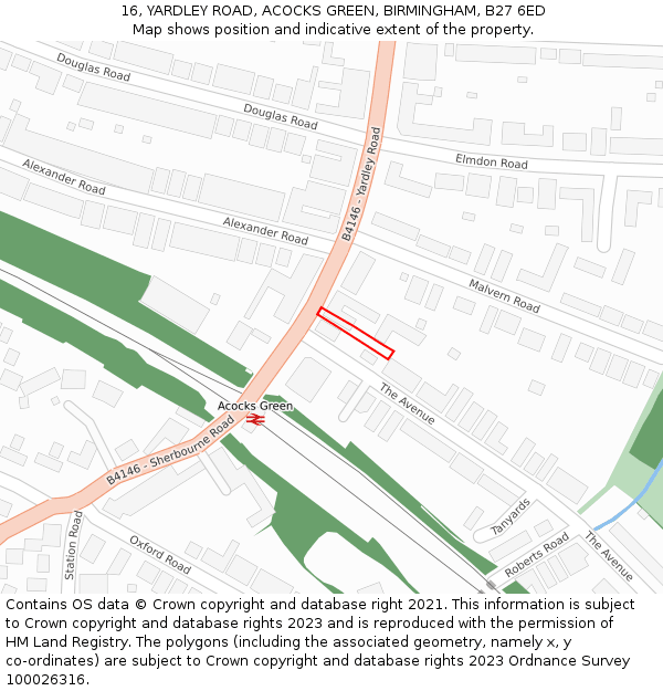 16, YARDLEY ROAD, ACOCKS GREEN, BIRMINGHAM, B27 6ED: Location map and indicative extent of plot
