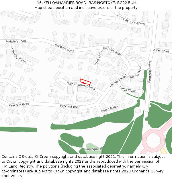 16, YELLOWHAMMER ROAD, BASINGSTOKE, RG22 5UH: Location map and indicative extent of plot