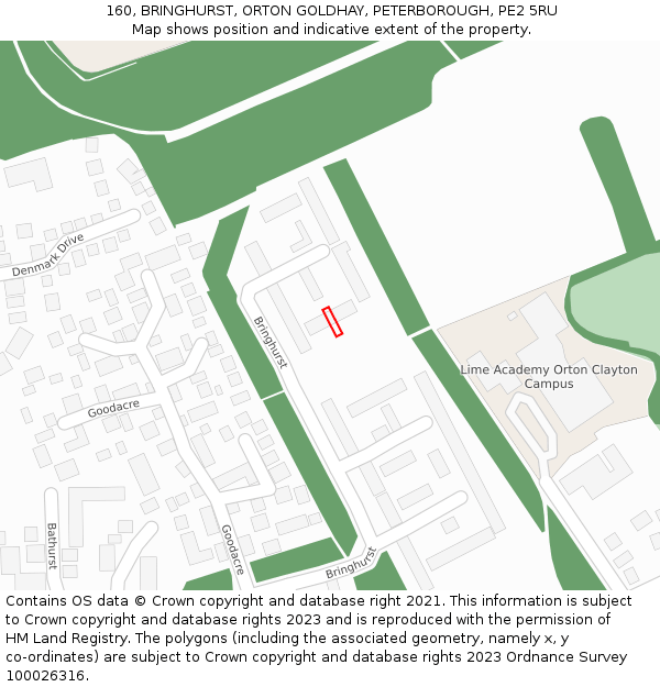 160, BRINGHURST, ORTON GOLDHAY, PETERBOROUGH, PE2 5RU: Location map and indicative extent of plot