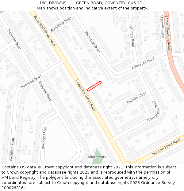 160, BROWNSHILL GREEN ROAD, COVENTRY, CV6 2DU: Location map and indicative extent of plot