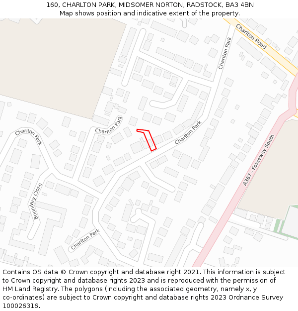 160, CHARLTON PARK, MIDSOMER NORTON, RADSTOCK, BA3 4BN: Location map and indicative extent of plot