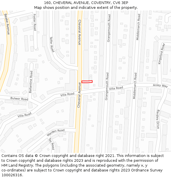 160, CHEVERAL AVENUE, COVENTRY, CV6 3EP: Location map and indicative extent of plot