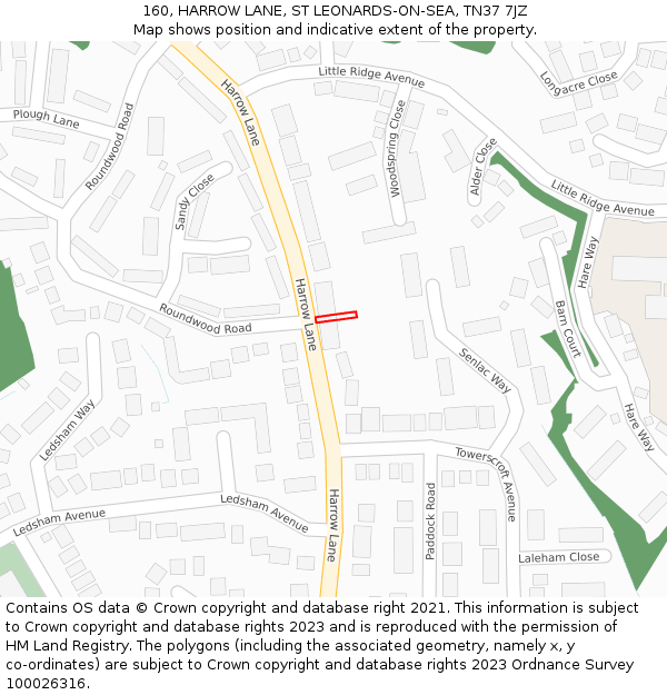 160, HARROW LANE, ST LEONARDS-ON-SEA, TN37 7JZ: Location map and indicative extent of plot