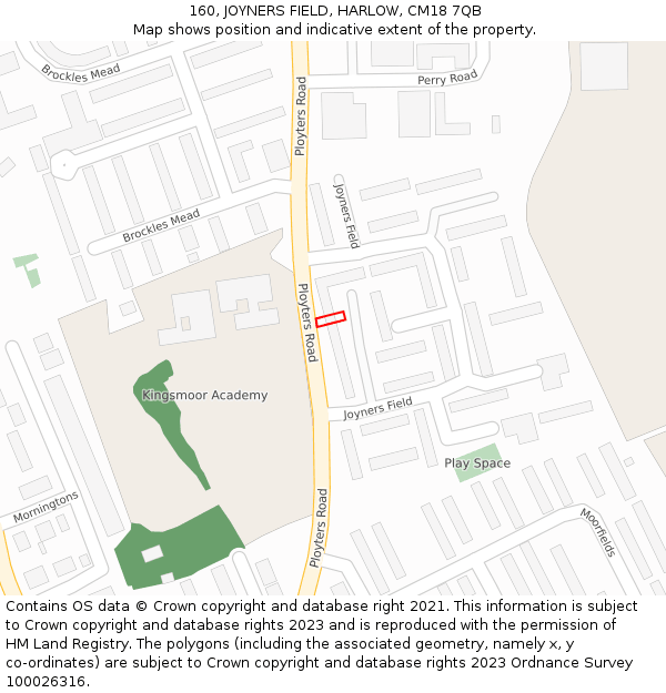 160, JOYNERS FIELD, HARLOW, CM18 7QB: Location map and indicative extent of plot