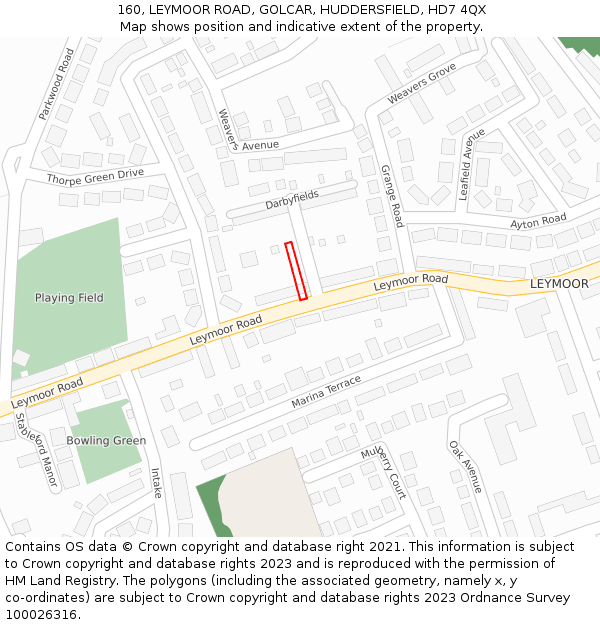 160, LEYMOOR ROAD, GOLCAR, HUDDERSFIELD, HD7 4QX: Location map and indicative extent of plot
