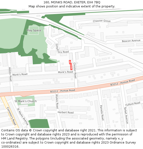 160, MONKS ROAD, EXETER, EX4 7BQ: Location map and indicative extent of plot