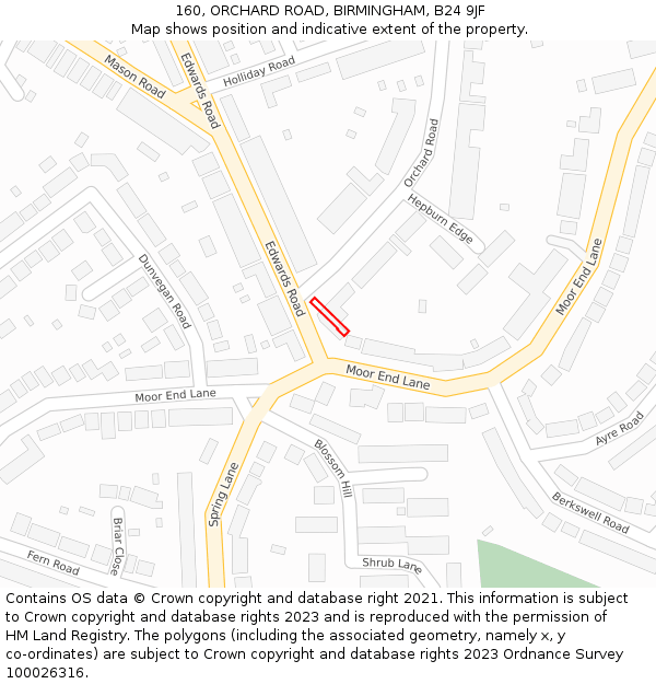 160, ORCHARD ROAD, BIRMINGHAM, B24 9JF: Location map and indicative extent of plot