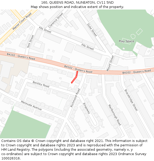160, QUEENS ROAD, NUNEATON, CV11 5ND: Location map and indicative extent of plot