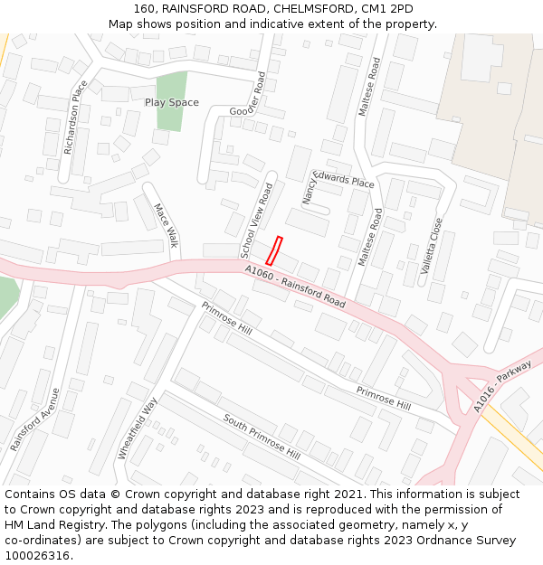 160, RAINSFORD ROAD, CHELMSFORD, CM1 2PD: Location map and indicative extent of plot