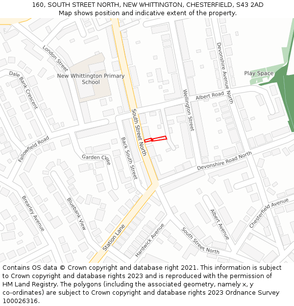 160, SOUTH STREET NORTH, NEW WHITTINGTON, CHESTERFIELD, S43 2AD: Location map and indicative extent of plot