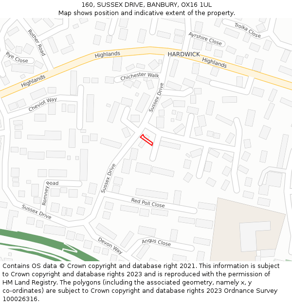160, SUSSEX DRIVE, BANBURY, OX16 1UL: Location map and indicative extent of plot