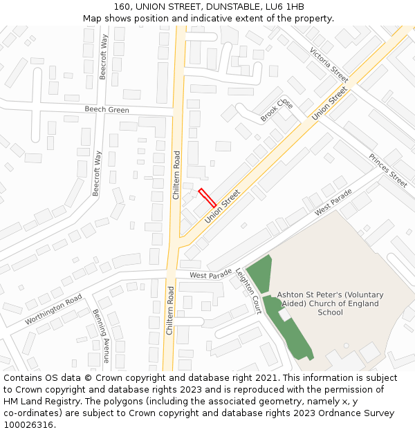 160, UNION STREET, DUNSTABLE, LU6 1HB: Location map and indicative extent of plot