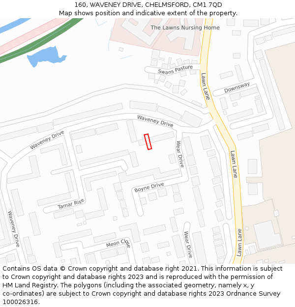 160, WAVENEY DRIVE, CHELMSFORD, CM1 7QD: Location map and indicative extent of plot