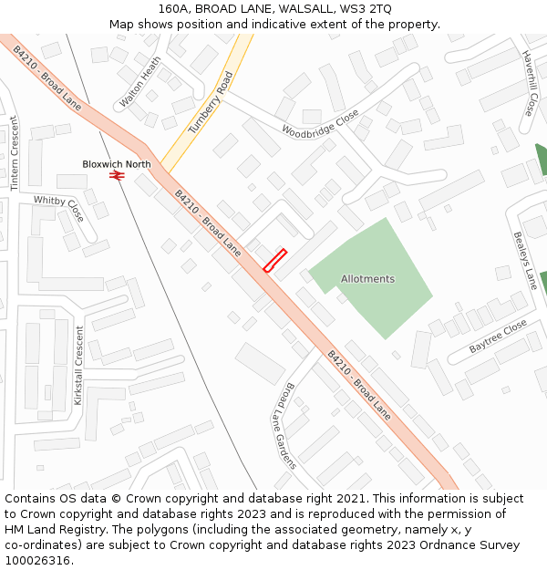 160A, BROAD LANE, WALSALL, WS3 2TQ: Location map and indicative extent of plot