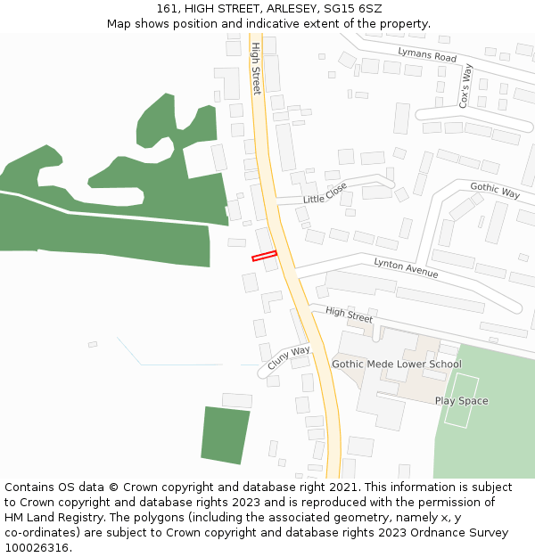 161, HIGH STREET, ARLESEY, SG15 6SZ: Location map and indicative extent of plot