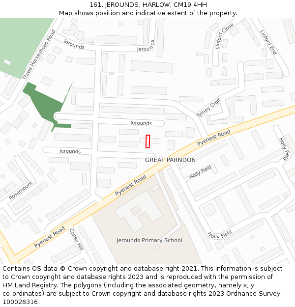 161, JEROUNDS, HARLOW, CM19 4HH: Location map and indicative extent of plot