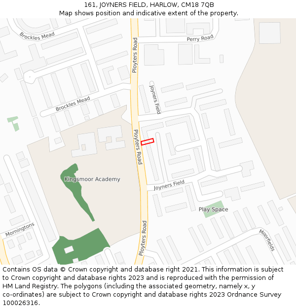 161, JOYNERS FIELD, HARLOW, CM18 7QB: Location map and indicative extent of plot
