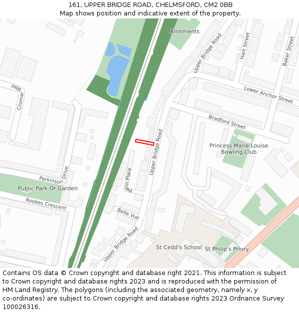 161, UPPER BRIDGE ROAD, CHELMSFORD, CM2 0BB: Location map and indicative extent of plot